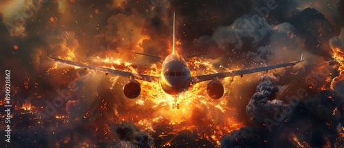 Airplane midexplosion, fire and smoke, actionpacked, intense moment photo