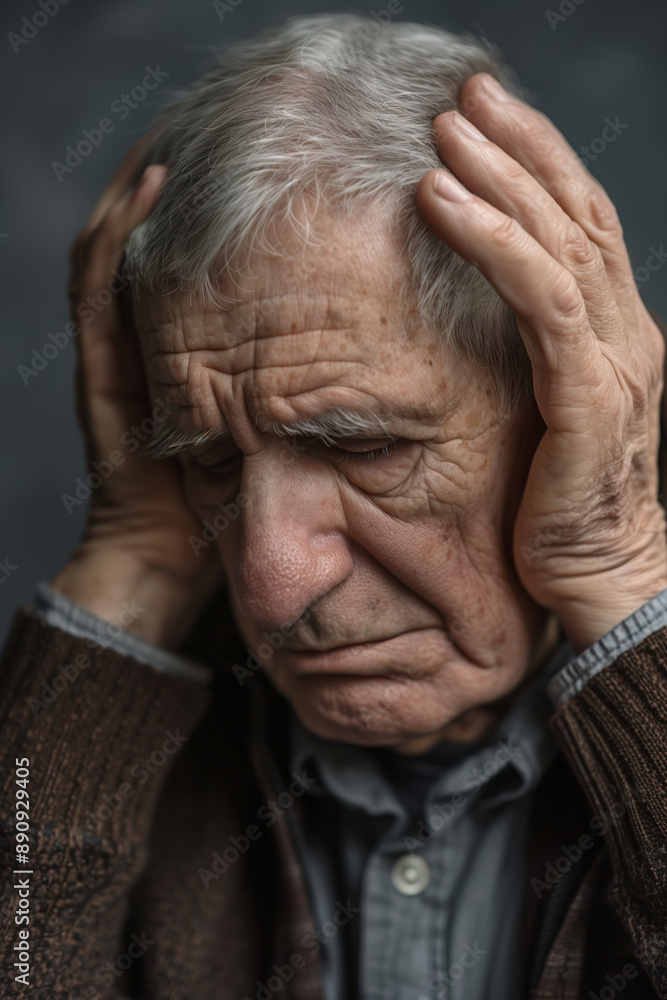 An Elderly Man Suffering From Parkinson's Disease Holds His Head in His Hand An Elderly Man Suffering From Parkinson's Disease Holds His Head in His Hand