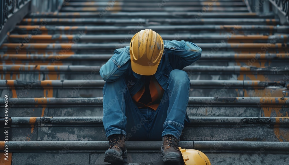 Construction worker in despair, sitting on steps, hard hat on ground, stressed Construction worker in despair, sitting on steps, hard hat on ground, stressed