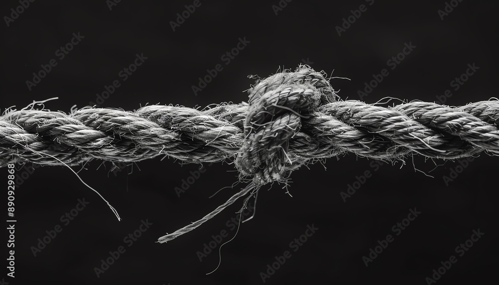 Frayed rope on the verge of snapping, black background, closeup, high contrast Frayed rope on the verge of snapping, black background, closeup, high contrast