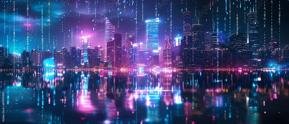 Futuristic cityscape with digital lines, wide view, night scene, concept of connectivity and technology Futuristic cityscape with digital lines, wide view, night scene, concept of connectivity and technology