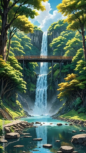 city skyline at night, sunset over the river, interior of a bedroom, waterfall in the mountains, fountain in the park, view of the city