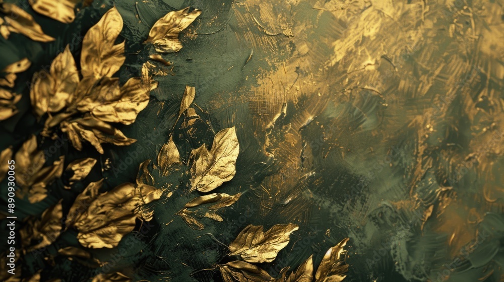 Close-up of a decorative wall with gold leaves, suitable for interior design or jewelry display Close-up of a decorative wall with gold leaves, suitable for interior design or jewelry display