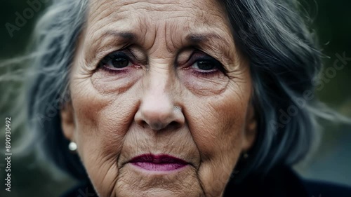 A portrait of a middleaged woman with grey hair her face marked with scars and signs of a hardfought life but also with a fierce determination. photo