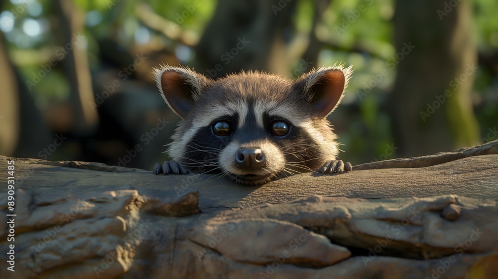 Fototapeta premium 14. A sweet 3D baby raccoon peeking out of a log