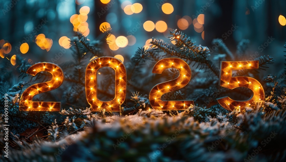 Illuminated 2025 New Year's Eve Sign in a Winter Forest Illuminated 2025 New Year's Eve Sign in a Winter Forest
