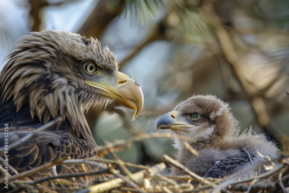 Fototapeta premium Two birds sitting in their nest, surrounded by twigs and leaves