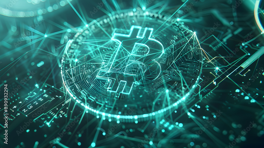 Fototapeta premium Bitcoin and Blockchain Technology concept, Iconic Bitcoin Symbol Amidst a Futuristic Digital Network 