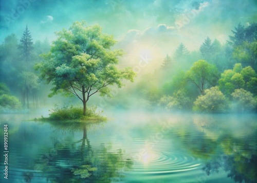 This soothing image features a delicate blend of watercolor in pastel green and blue tones, invoking tranquility and harmony