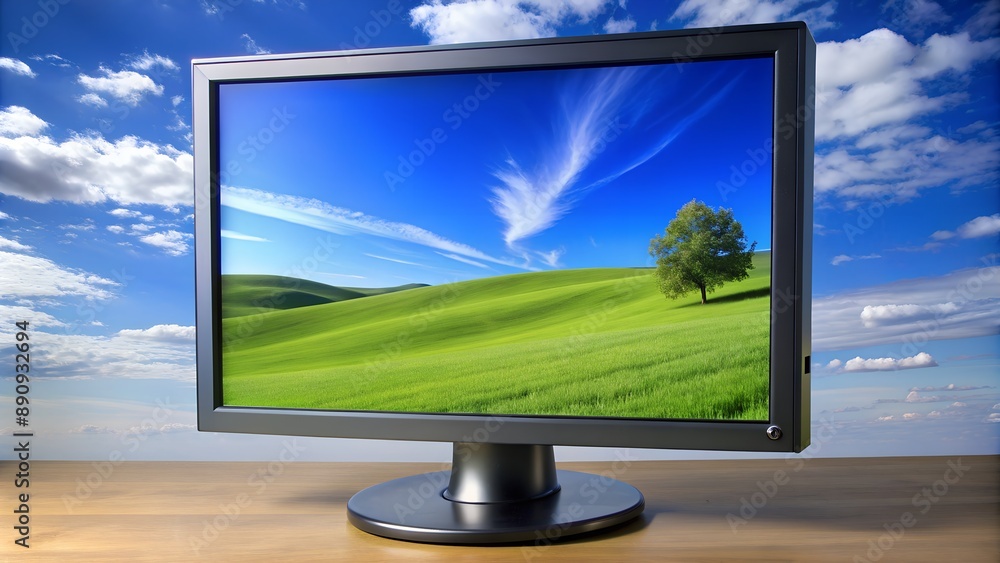 Fototapeta premium Computer monitor displaying idyllic nature scene on wooden desk