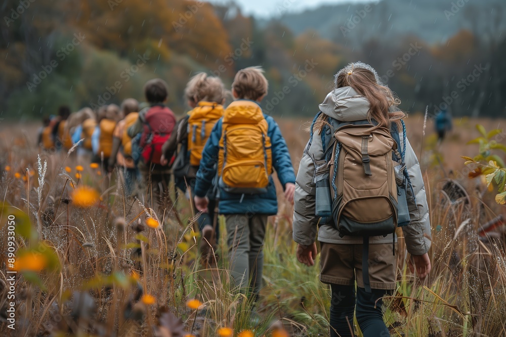 Group Of Children Hiking In Autumn Woods Group Of Children Hiking In Autumn Woods