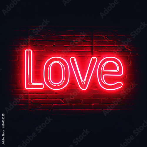 Retro red neon Love sign on dark background. Happy Valentine's Day. Love yourself, bodypositive, feminist concept for design greeting card, banner, poster photo