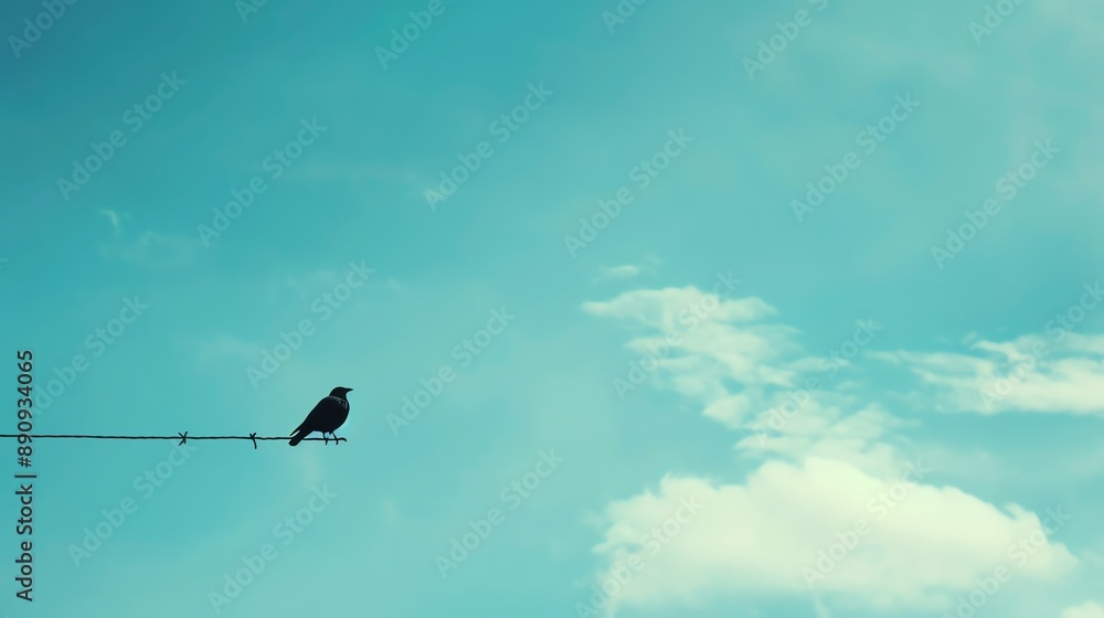 A single bird perched on a wire against a clear blue sky with fluffy clouds. A single bird perched on a wire against a clear blue sky with fluffy clouds.