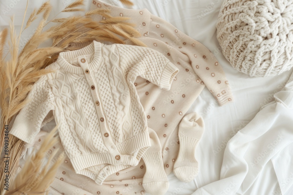 A pile of clothes and a hat laid out on a bed, perfect for a bedroom or closet scene