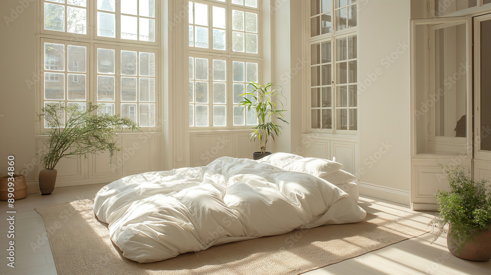 Bright bedroom with large windows and cozy white bedding Bright bedroom with large windows and cozy white bedding