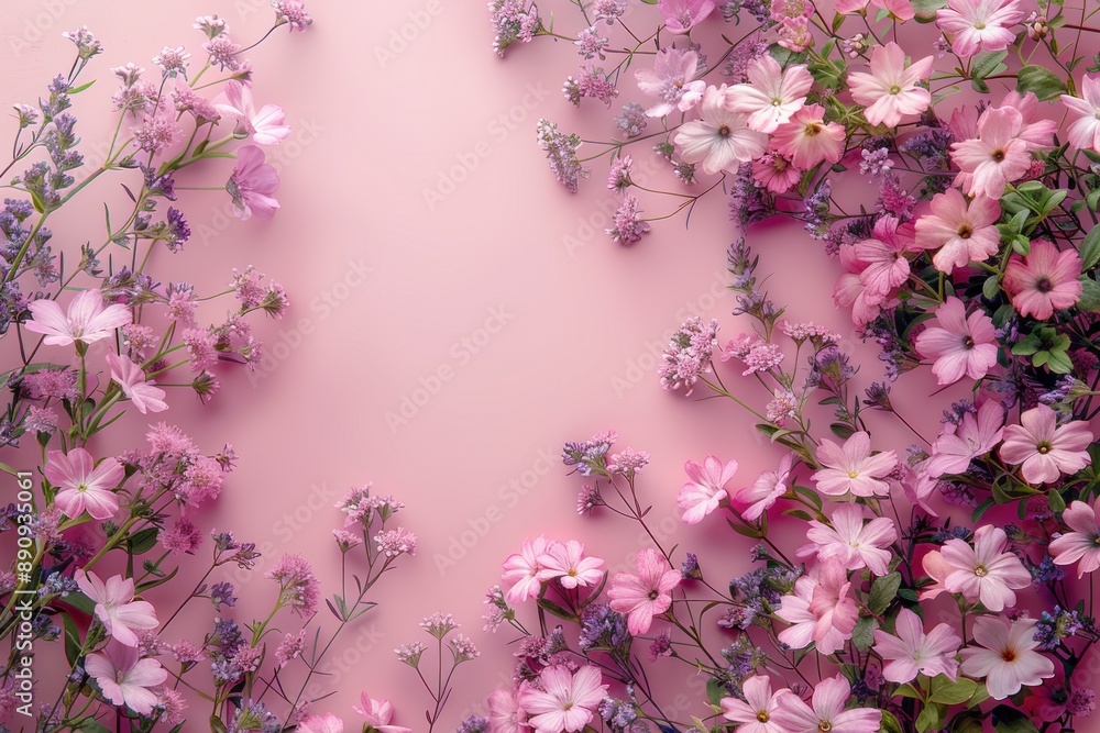 Fototapeta premium Floral Border on a Soft Pink Background