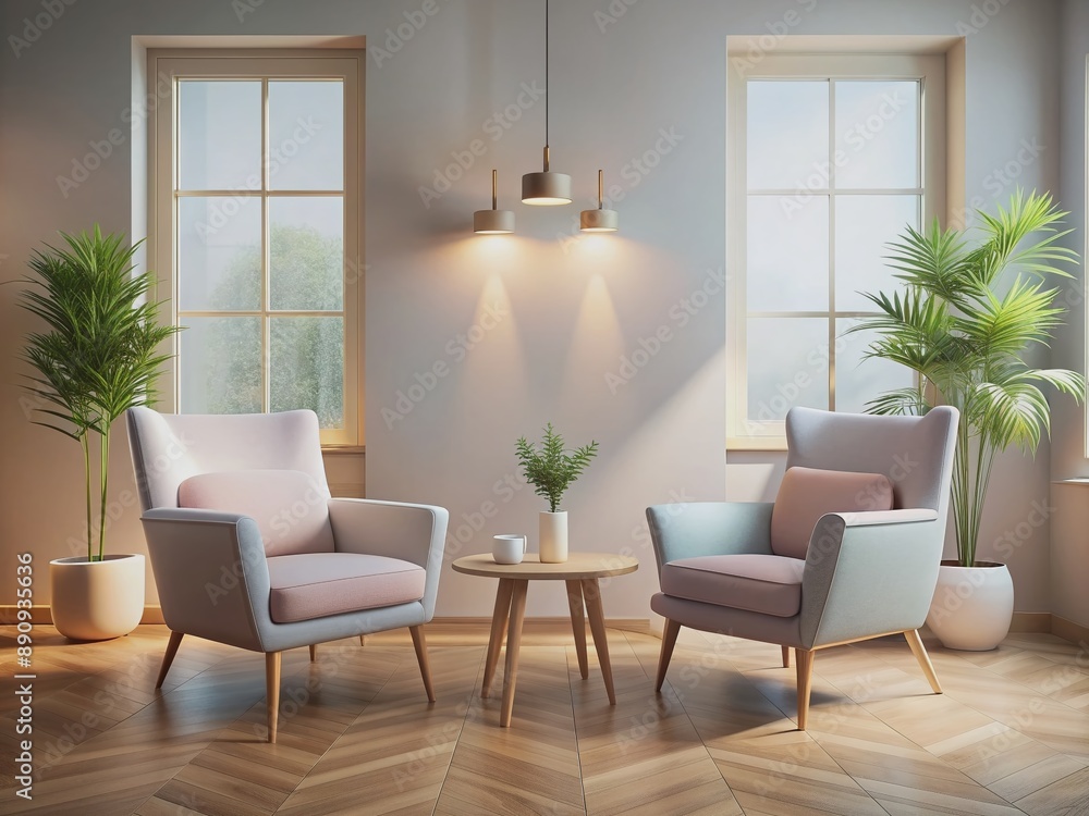 © Man888 - Serene psychotherapy room with two comfortable chairs, soft pastel colors, modern minimalist decor, and plenty of blank space, evoking feelings of calmness and professionalism.