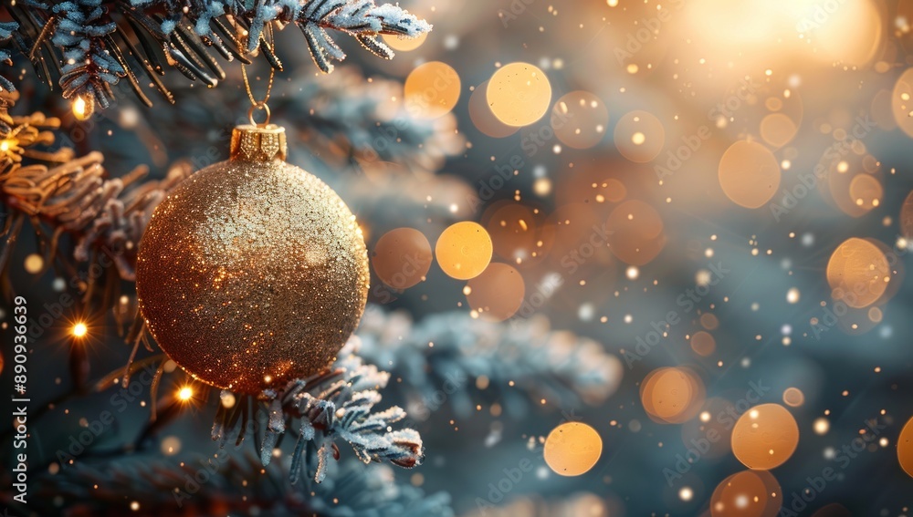 Golden Christmas Ornament on a Snowy Branch Golden Christmas Ornament on a Snowy Branch
