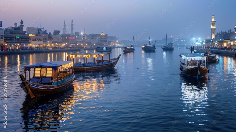 Traditional dhow boats floating on Dubai Creek at twilight Traditional dhow boats floating on Dubai Creek at twilight