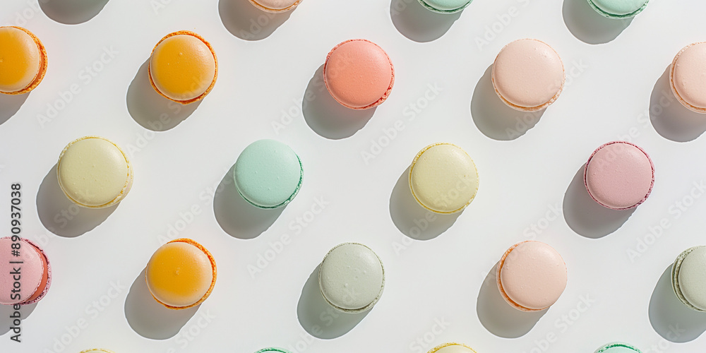 A Background of macarons, each with its shadow, scattered across the canvas in an elegant display, with soft shadows on a white background A Background of macarons, each with its shadow, scattered across the canvas in an elegant display, with soft shadows on a white background