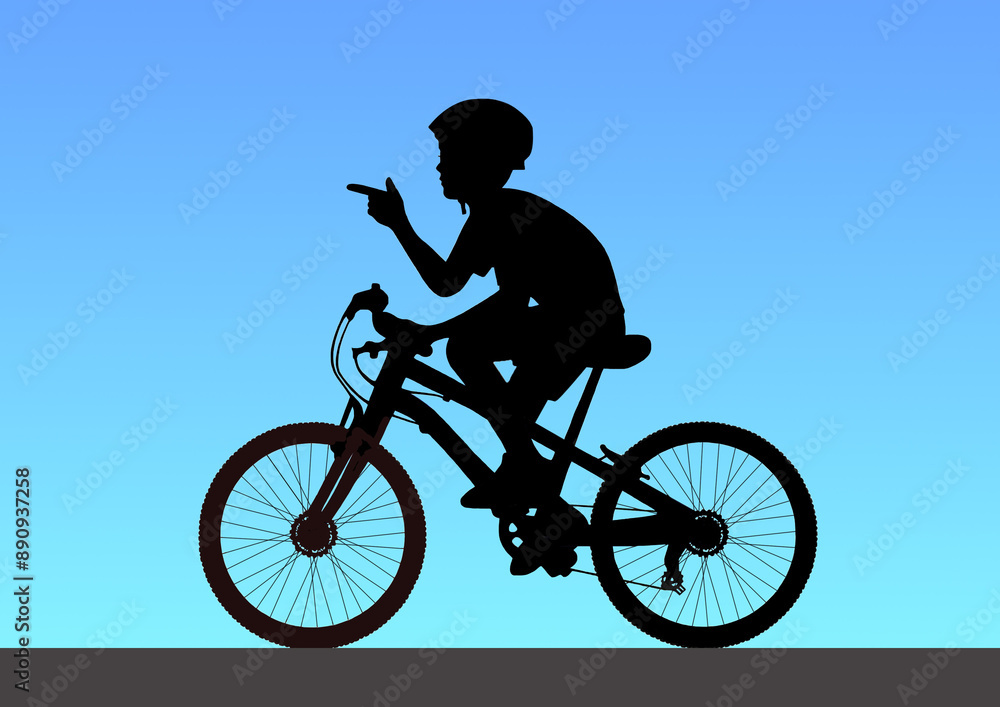 Fototapeta premium ヘルメットを被り自転車に乗る少年シルエット