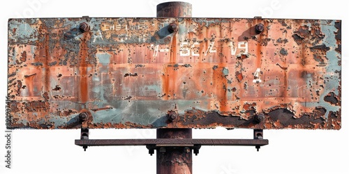 Old rusty metal sign on a wooden pole with weathered surface and some foliage nearby