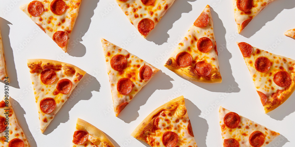 A seamless photographic pattern of pizza slices, each with its shadow, scattered across the canvas in an elegant display, with soft shadows on a white background A seamless photographic pattern of pizza slices, each with its shadow, scattered across the canvas in an elegant display, with soft shadows on a white background