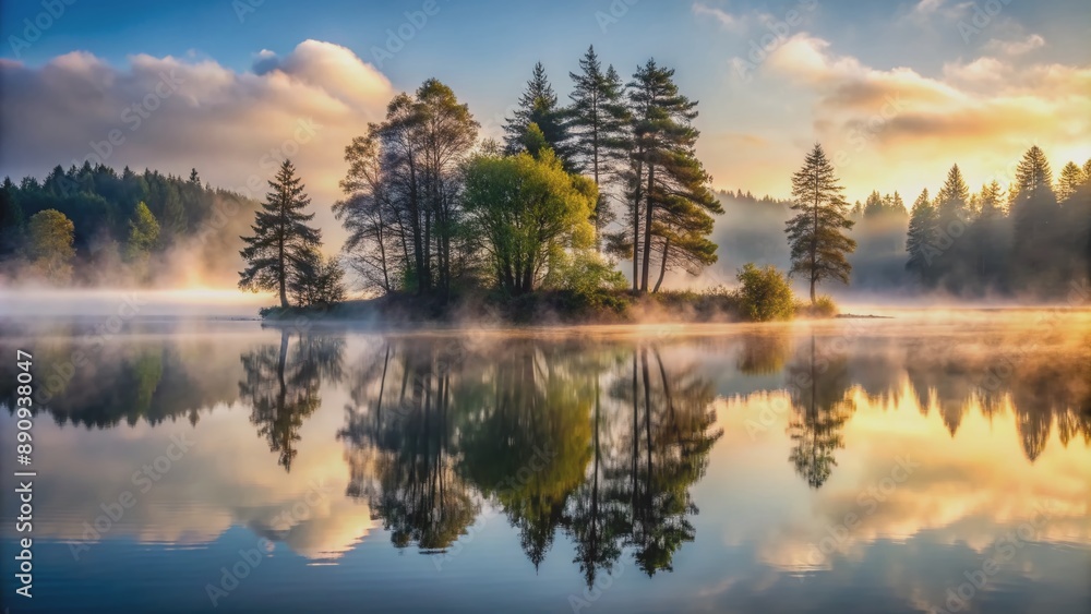Serene foggy lake mirrors the surrounding landscape, with misty veil shrouding majestic trees standing tall in the background, creating a peaceful atmosphere. Serene foggy lake mirrors the surrounding landscape, with misty veil shrouding majestic trees standing tall in the background, creating a peaceful atmosphere.