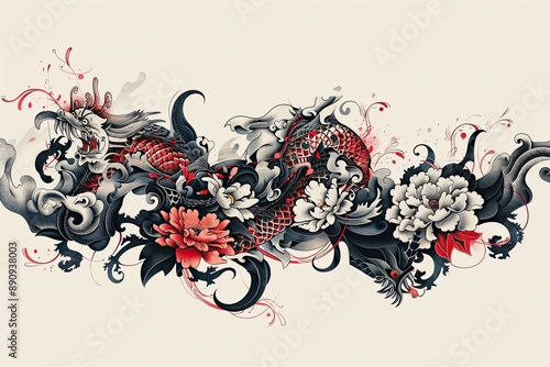 A Dragon and Flowers Intertwined in a Dynamic Composition photo