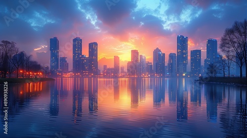 Cityscape at Dusk with Reflections in a Lake