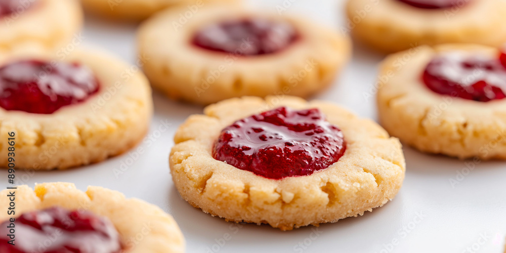 An image of classic thumbprint cookies, featuring round shortbread cookies with a center indentation filled with vibrant raspberry jam, set against a clean white background An image of classic thumbprint cookies, featuring round shortbread cookies with a center indentation filled with vibrant raspberry jam, set against a clean white background