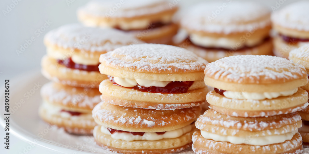 An image of classic Viennese whirls, featuring buttery, melt-in-your-mouth sandwich cookies with a layer of jam and buttercream in the center, the top cookie dusted with powdered sugar An image of classic Viennese whirls, featuring buttery, melt-in-your-mouth sandwich cookies with a layer of jam and buttercream in the center, the top cookie dusted with powdered sugar