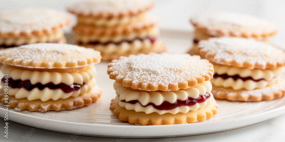 An image of classic Viennese whirls, featuring buttery, melt-in-your-mouth sandwich cookies with a layer of jam and buttercream in the center, the top cookie dusted with powdered sugar An image of classic Viennese whirls, featuring buttery, melt-in-your-mouth sandwich cookies with a layer of jam and buttercream in the center, the top cookie dusted with powdered sugar