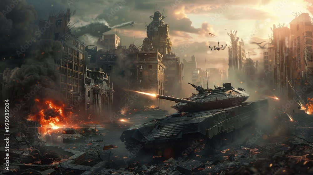Fototapeta premium Futuristic Tank with EMP Cannons and Drone Support Battling in Post-Apocalyptic Urban Warzone - Realistic Photo