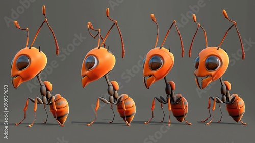 3D rendering of a cute cartoon ant. The ant is orange and has big eyes. It is standing on its six legs and has its antennae up. photo