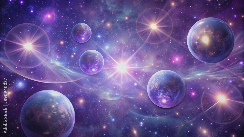 Ethereal orbs of light float among stars in a purple gradient galaxy, radiating serenity and calmness, evoking a sense of deep inner peace and spiritual connection. Ethereal orbs of light float among stars in a purple gradient galaxy, radiating serenity and calmness, evoking a sense of deep inner peace and spiritual connection.