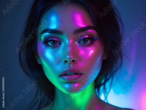 Neon makeup on a stunning woman under neon lights.