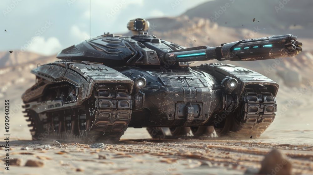 Futuristic Armored Tank Commanding Convoy in Post-Apocalyptic Wasteland with Holographic Displays and Advanced Targeting Systems - Realistic Military Photo Futuristic Armored Tank Commanding Convoy in Post-Apocalyptic Wasteland with Holographic Displays and Advanced Targeting Systems - Realistic Military Photo