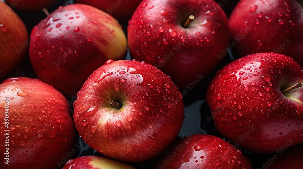 Top view and flat lays, Lots of red apples with drops water. Tasty and juicy. Background of red apples. Top view and flat lays, Lots of red apples with drops water. Tasty and juicy. Background of red apples.