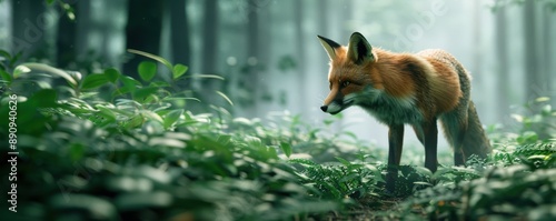 A solitary red fox wandering through a misty forest, surrounded by lush green foliage and bathed in soft morning light. photo