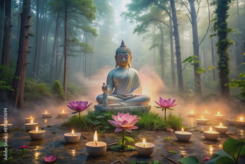 Serenene misty forest dawn with lotus flowers and candles surrounding a mist-covered Buddha statue, symbolizing inner peace and self-love in spiritual meditation journey. photo