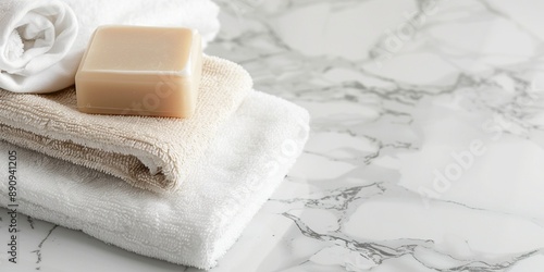 大理石の表面に置かれた石鹸とタオルとコピースペース