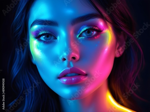 Gorgeous woman with vibrant neon makeup and neon lights.