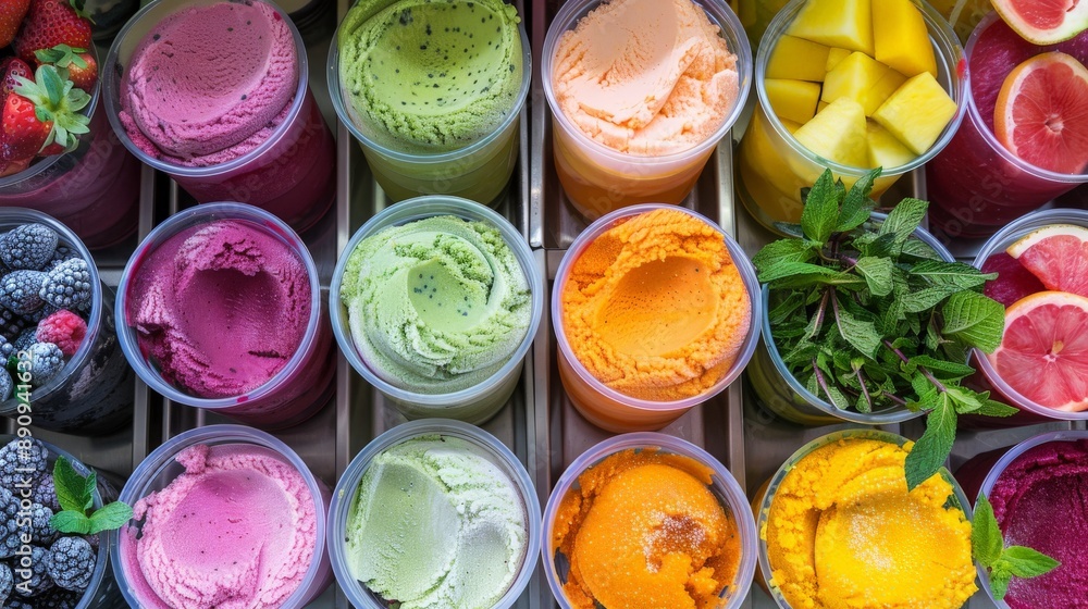 Vegan sorbet selections in natural fruit flavors at a market Vegan sorbet selections in natural fruit flavors at a market