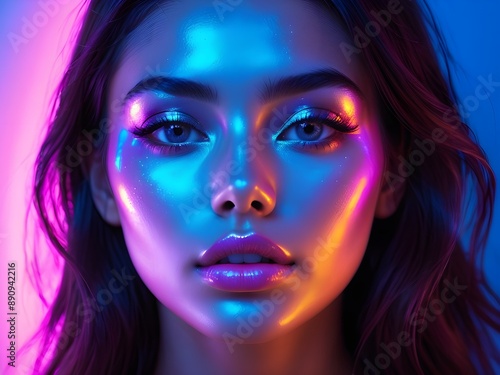 A beautiful lady with neon-colored makeup in neon lighting.