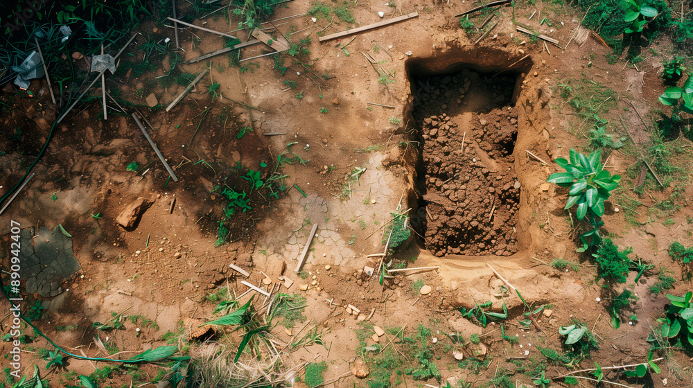 Obraz premium Illustration of a recently dug, not very deep, open grave. Grave opened for an upcoming burial.