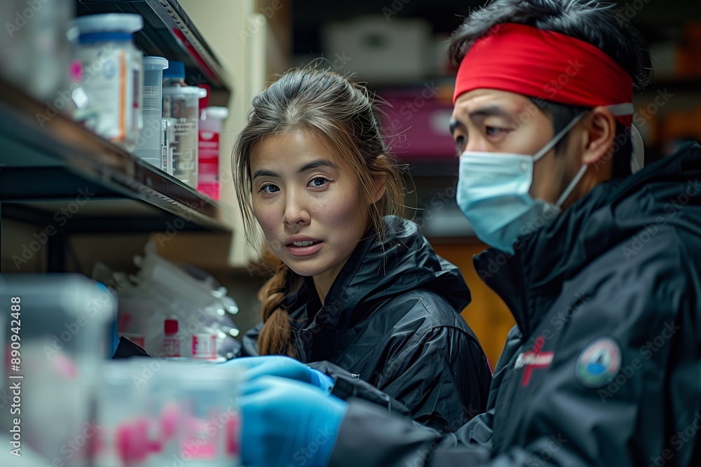 Obraz premium Woman and Man in Black Jackets Working in Laboratory Setting