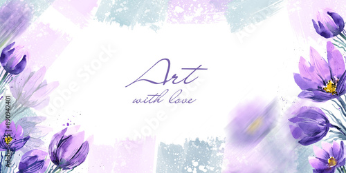 A card, a background for an invitation, a banner with crocuses, snowdrops in watercolor. Floral creative horizontal background for the invitation. Design with watercolor purple flowers