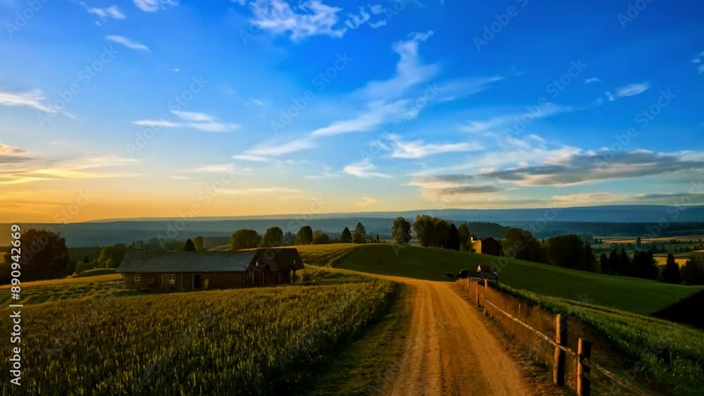 a hillside dirt road driveway, a misty fall day, and a fence-lined farm a hillside dirt road driveway, a misty fall day, and a fence-lined farm