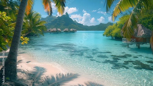 Idyllic Turquoise Lagoon Framed by Lush Tropical Foliage in Bora Bora,French Polynesia